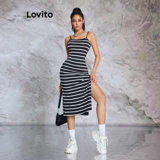 Lovito Vestido Básico Listrado com Fenda Frontal para Mulheres LBE02098 (Preto)