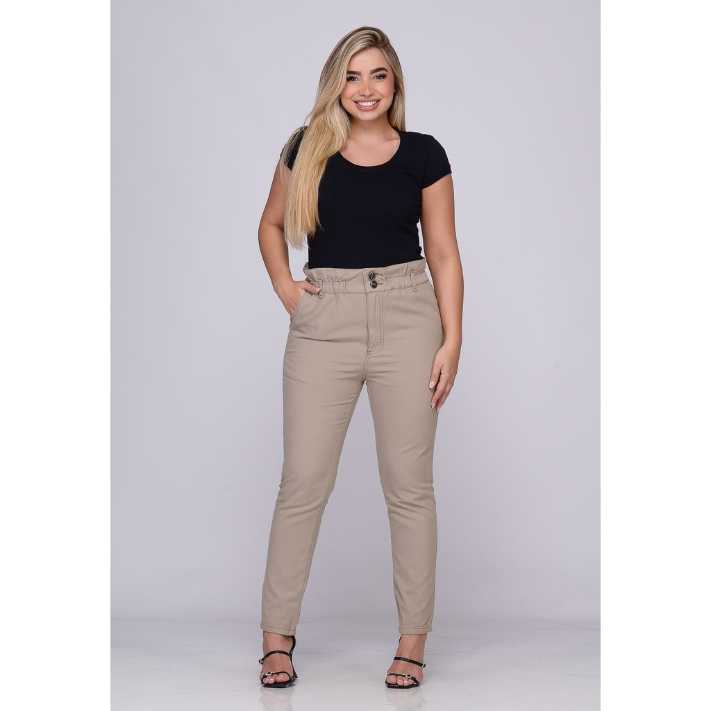 Calça Feminina Bengaline Moda Chochard Com Elástico Confeccionada Em Sarja Bolsos Frontais Alfaiataria