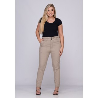 Calça Feminina Bengaline Moda Chochard Com Elástico Confeccionada Em Sarja Bolsos Frontais Alfaiataria