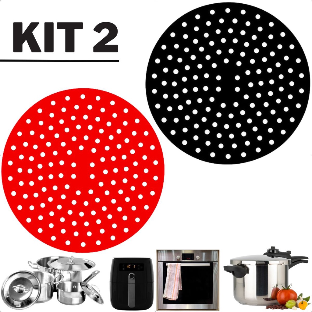 Kit 2 Tapete Silicone Preto e Vermelho Redondo Air Fryer Fritadeira Reutilizável Universal