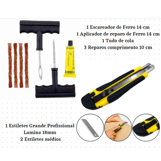 Kit Conserto Reparo De Pneus Completo + 3 Estilete de corte com trava lâmina