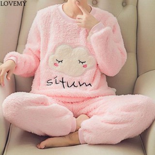 2 Peças Conjunto De Pijama Feminino De Flanela De Inverno De Manga Comprida De Pelúcia Coral Quente Para Mulheres/Lazer 2023