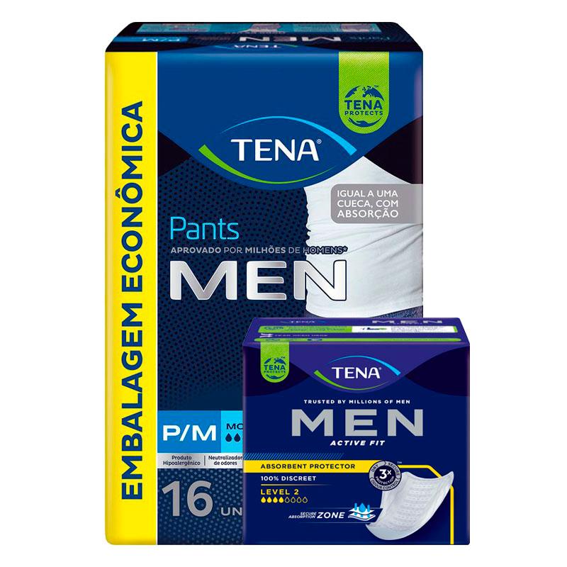 Kit Absorvente Protetor Masculino Tena Men Active Fit 10 Unidades + Cueca Descartável Tena Pants Men P/M 16 Unidades em Oferta na Shopee