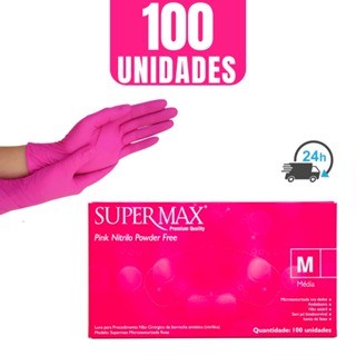 Luva Nitrilica Descartável Rosa Pink Sem Pó 100 Unidades Sem talco Caixa C/100 Supermax