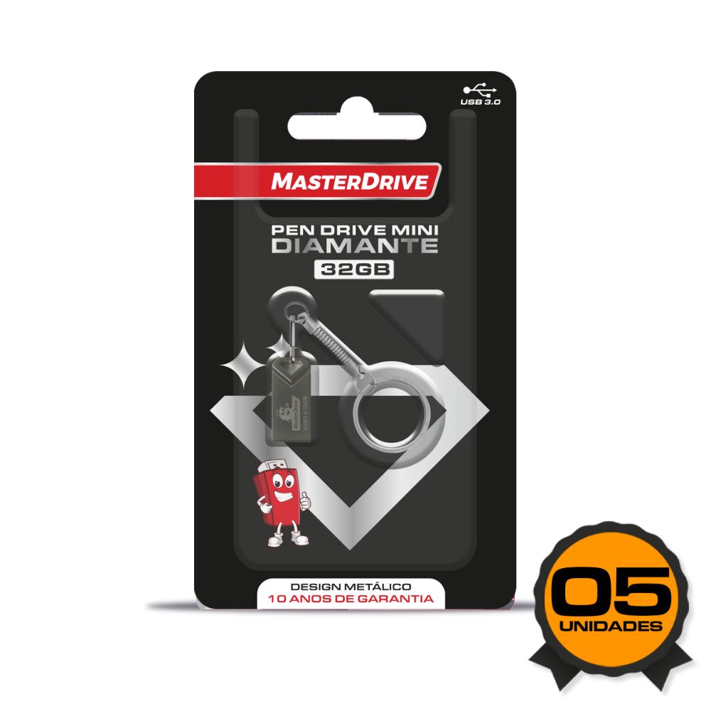 Kit 5 Mini Pendrive 32GB USB 3.0 MasterDrive Linha DIAMANTE Pen Drive 32GB Original Ultra Rápido Nano Fit