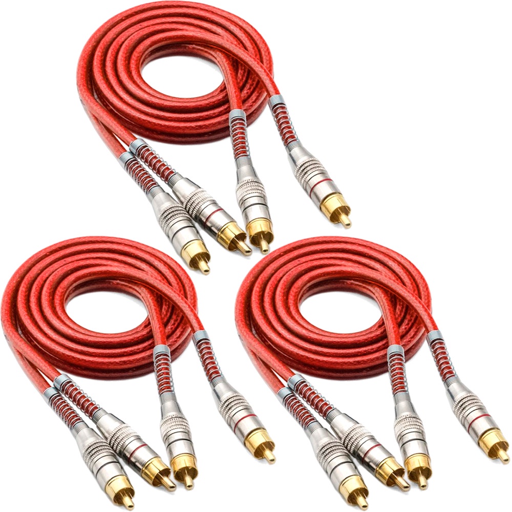 Kit 3 Cabos RCA 1 Metro Dupla Blindagem 1m 5mm Vermelho Som Automotivo - Spare Parts and Accessories for Vehicles