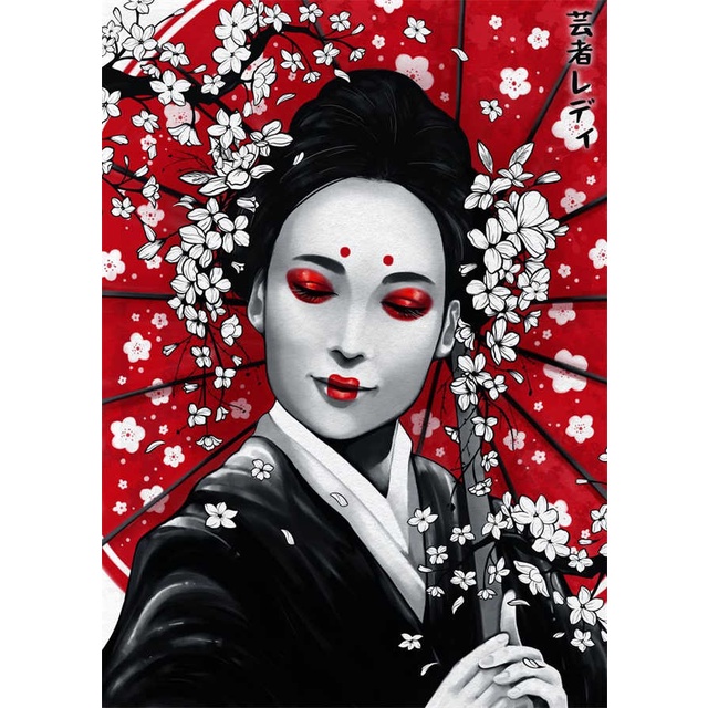 Quadro Decorativo Samurai Sakura Guerreiro, decoração, sombrinha, mulher, flor, Pretro e branco,