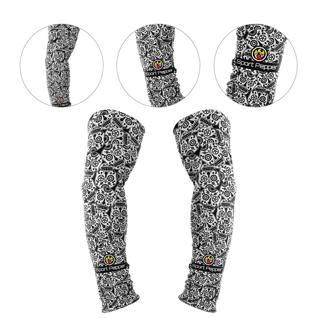 Par de Manguito Sport Pepper Skull Bike Preto e Branca Ciclismo Moto Mangote Manga Proteção Solar Para Braços Esportivo Unissex Proteção Solar UV50+ Segunda Pele