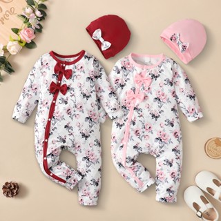 0-18 Meses Macacão Floral Para Bebês Recém-Nascidos Rosa Manga Longa Com Boné/Design De Laço Fofo Ano Novo De Férias/Roupa Infantil Menina 2PCS