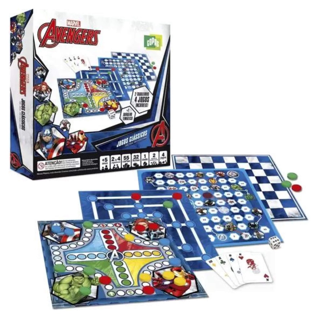 Kit 4 Jogos Clássicos de tabuleiro para jogar com a familia e amigos Marvel Avengers Dama, Ludo, Trilha e Sobe e Desce Brinquedo infantil para crianças - Copag 32511 em Oferta na Shopee