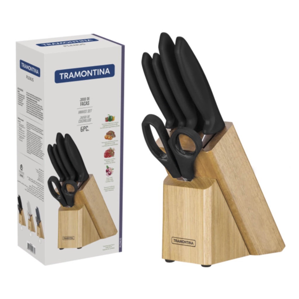 Jogo de Facas Tramontina Plenus em Aço Inox/Polipropileno com Suporte de Madeira 6 Peças - 23498015 em Oferta na Shopee