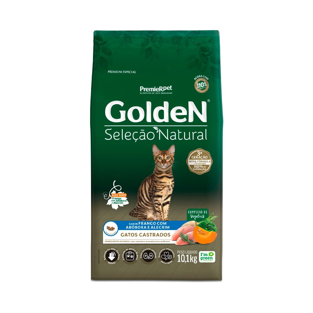 Ração Golden Seleção Natural Gatos Adultos Castrados Frango com Abóbora e Alecrim 10,1kg