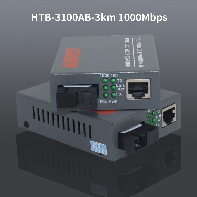 1 Par Transceptor De Fibra Óptica HTB-3100AB-3km 10/100/1000Mbps Porta SC Conversor De Mídia Potência Externa