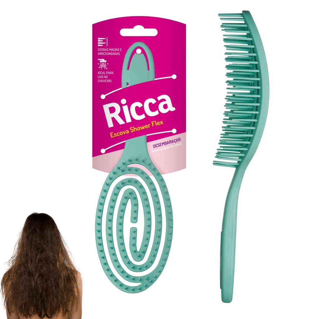 ESCOVA CHUVEIRO FLEXIVEL TURQUESA RICCA DESEMBARAÇADOR