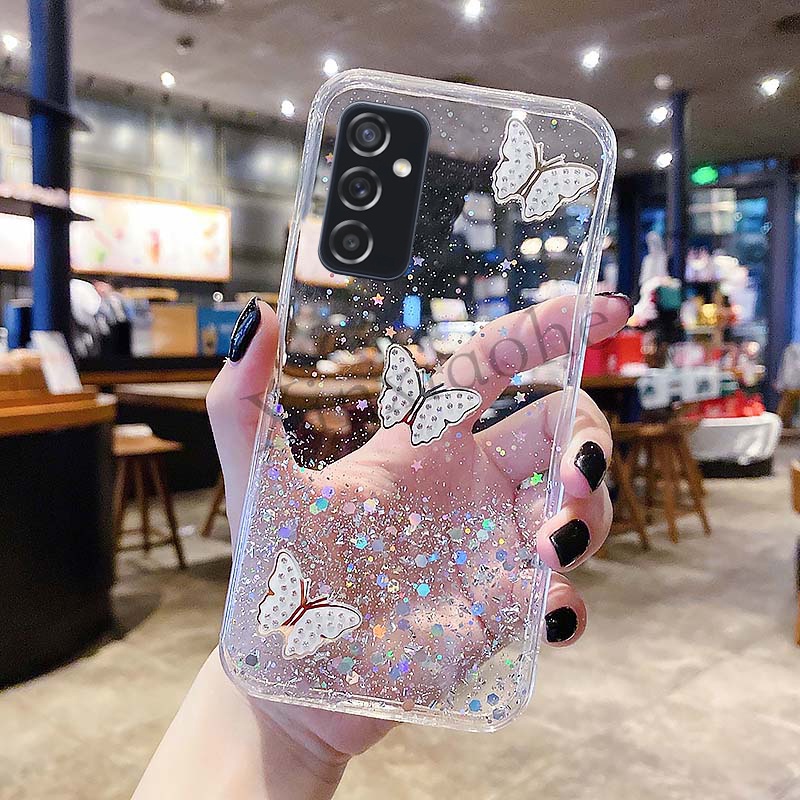 Estojo Telefônico Para Samsung Galaxy A04 E A04S A14 A24 A34 A54 A23 A12 M23 M13 M12 A13 4G 5G Borboleta Glitter Transparente Macio