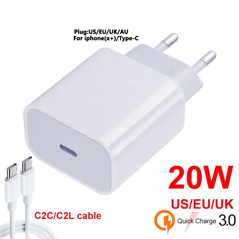 Novo PD De 20W Para Iphone 15 14 13 12 Cabo USB-C C2L Carregador De Energia Do Adaptador UK/US/EU Plug Smart Phone Rápido Samsung S10 C2C