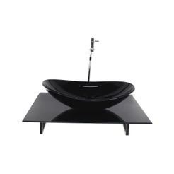 KIT CUBA DE VIDRO OVAL COM TAMPO 60CM PRETO FULL E SUPORTE PRETO