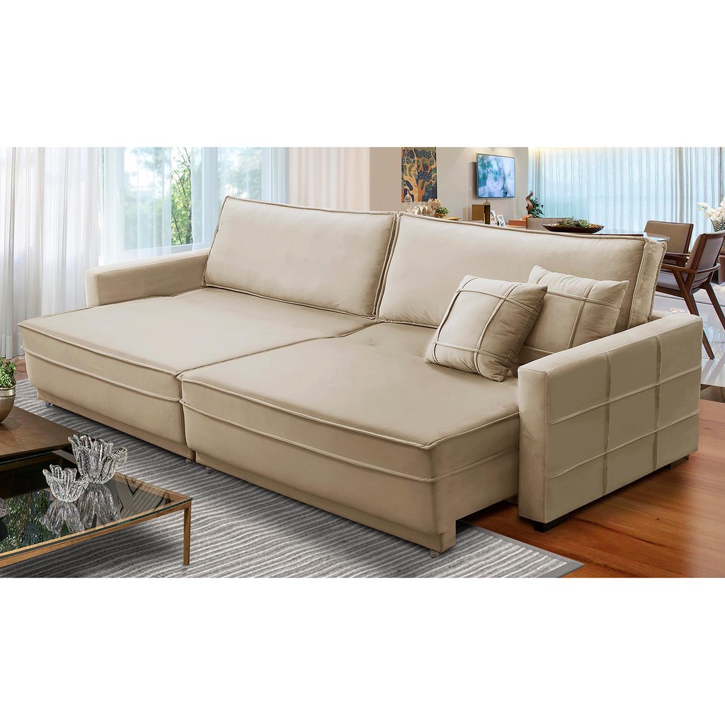 Sofá Cama Retrátil e Reclinável 2,10m com Molas Karen Veludo Bege Adonai Estofados - Home & Living