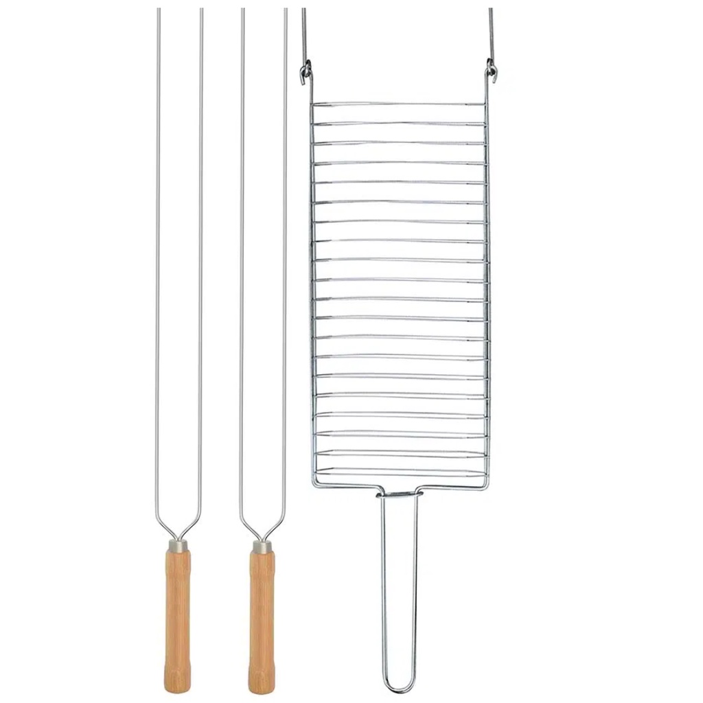 Kit Preparo Churrasco 3pcs Churrasqueira Grelha e Espetos 55cm Duplo Cabo Madeira em Oferta na Shopee