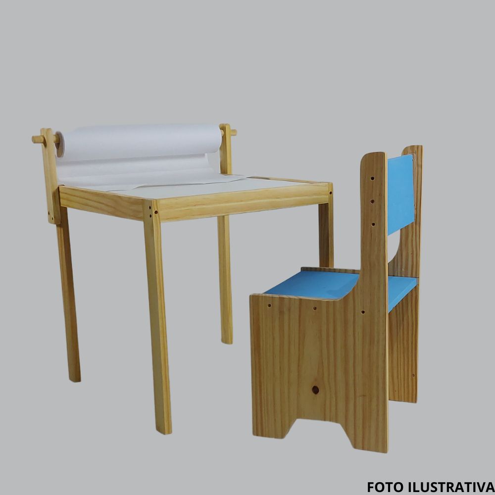 Combo Mesa Infantil + Cadeira Happy + Bobina de Papel Madeira Maciça