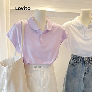 Lovito Camiseta com Mangas Morcego e Botões Lisos para Mulheres Elegantes LNE19194 (Lilás Claro/Branco)