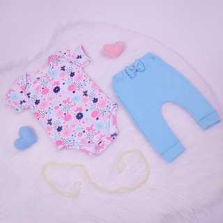 Body E Calça Para Bebê Menina 100% Algodão 2 Peças Luxo Floral azul