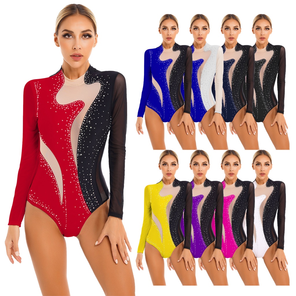 Yeahdor Body Feminino Colorido Bloco Patchwork Collant Brilhante Strass Malha Transparente Manga Comprida Para Ginástica