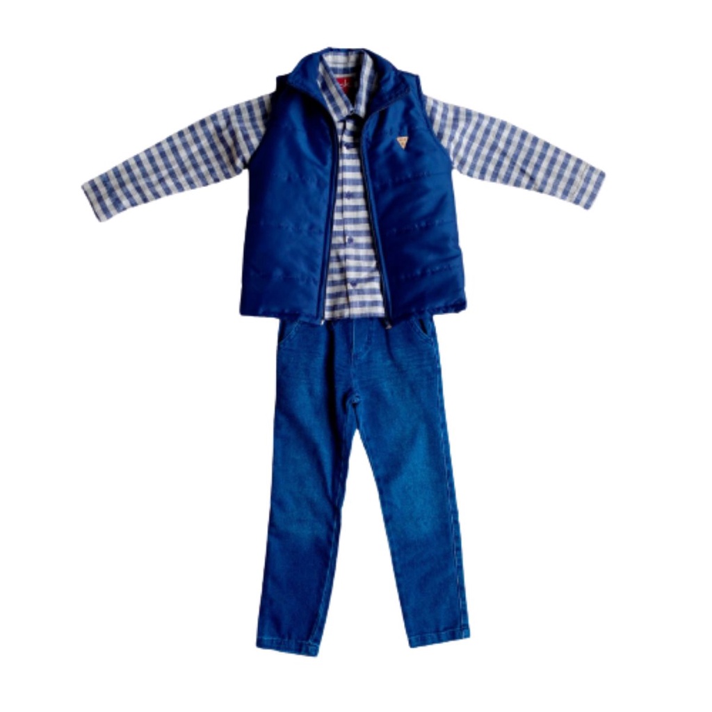 Roupa Infantil Camisa Xadrez Manga Longa Colete Estiloso e Calça Jeans Quentinha Confortável Anuska