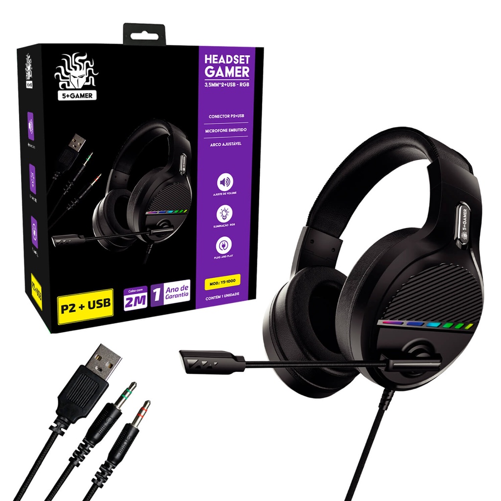 Fone Headset Gamer Led Rgb Mic Usb + P2 Ajustável Cabo 2 Mts