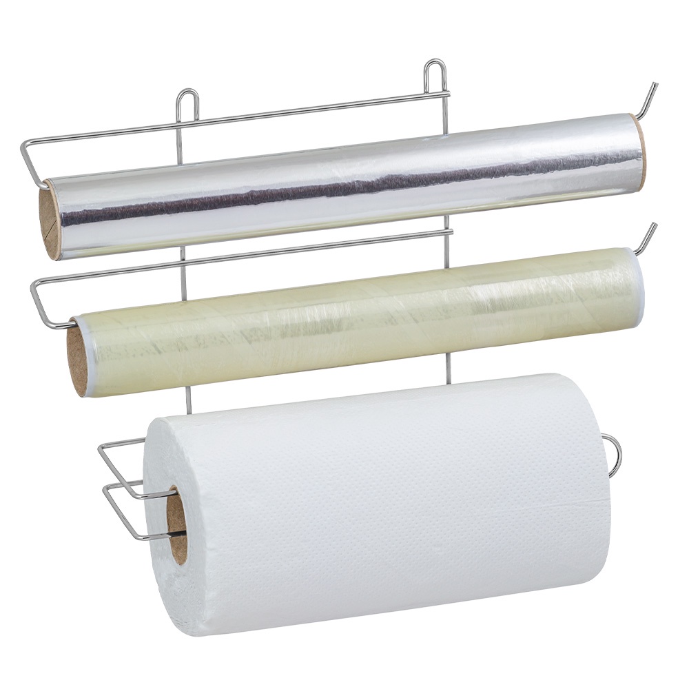 Porta Papel Toalha de Parede Suporte Suspenso Triplo para Rolos Alumínio Filme PVC