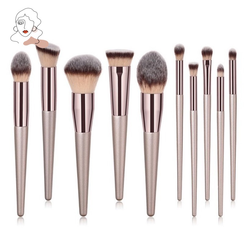 10pcs Champagne Kabuki Style Makeup Brush Set , Conjunto De Escovas De Maquiagem , Foundation , Sombra Dos Olhos Ou Rouge , Aparelhos De Beleza