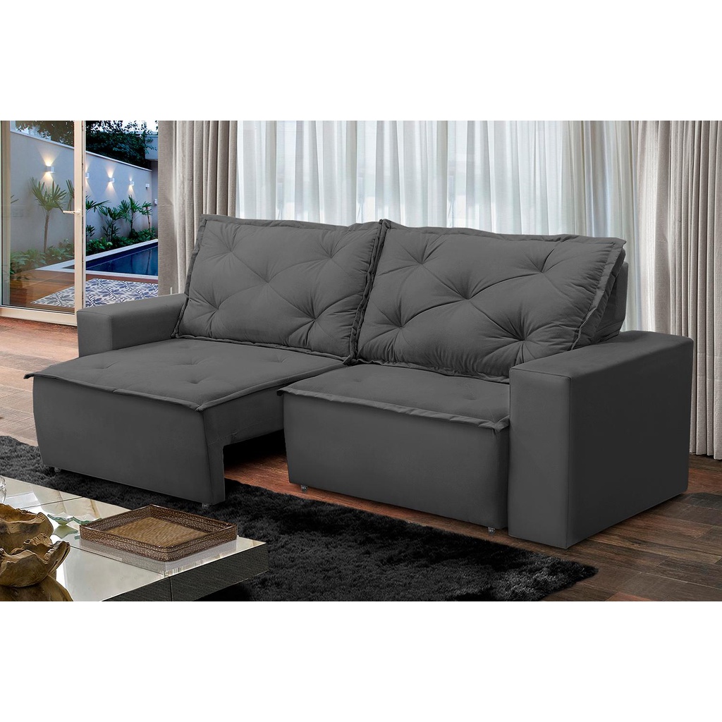 Sofá Retrátil e Reclinável 3 lugares com Molas 2,00m Ana Suede Cinza Adonai Estofados - Home & Living