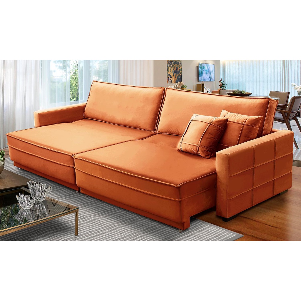 Sofá Cama Retrátil e Reclinável 2,50m com Molas Karen Veludo Terracota Adonai Estofados - Home & Living