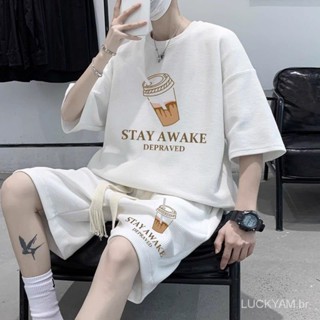 [Fato De Joelho com Espigão Calção de Joelho Calção de Moda Desportiva Casual Camiseta Casual Homem Waffle Short-Sleeved Two-Piece Suit