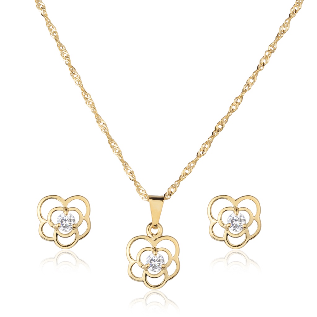 Kit Conjunto de Semijoia Flor Vazada Com Zircônia Banhado a Ouro 18K Original Presente Mod...