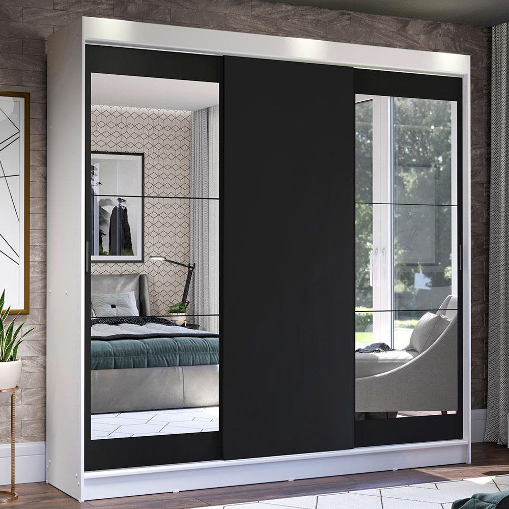 Guarda-Roupa Casal Madesa Istambul 3 Portas de Correr com Espelhos 3 Gavetas - Branco/Preto