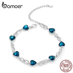 Pulseira Bamoer 925 Prata Brilhante Azul Coração Zircônio Jóias SCB163