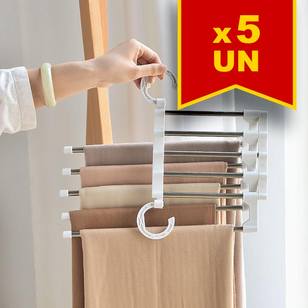 Kit 5 Cabides para Calças Múltiplo Aço Inox 5 Espaços