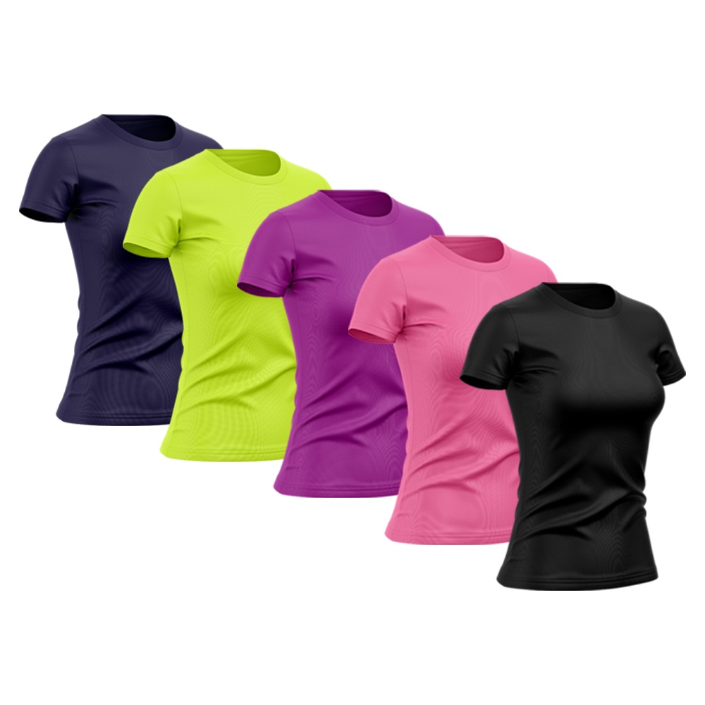 Kit 5 Camisetas Feminina Manga Curta Good Look Dry Fit Proteção Solar UV Baby Look Fitness Academia Treino Confortável
