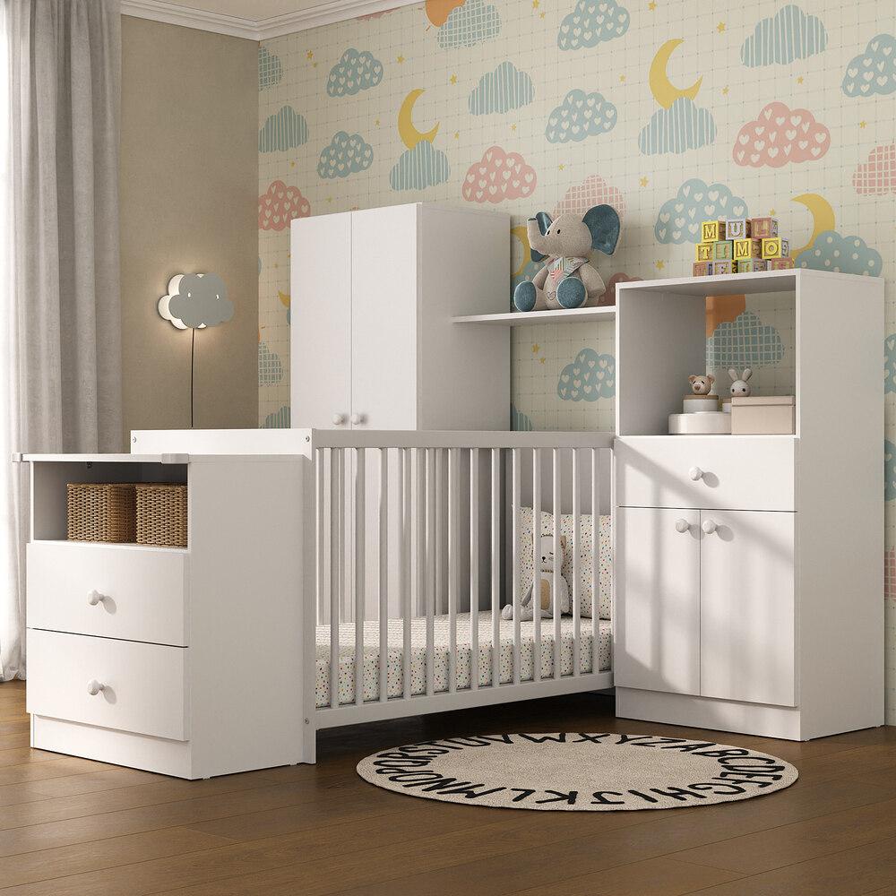 Quarto Infantil com Berço-Cômoda e Colchão Incluso Olívia Multimóveis Branco