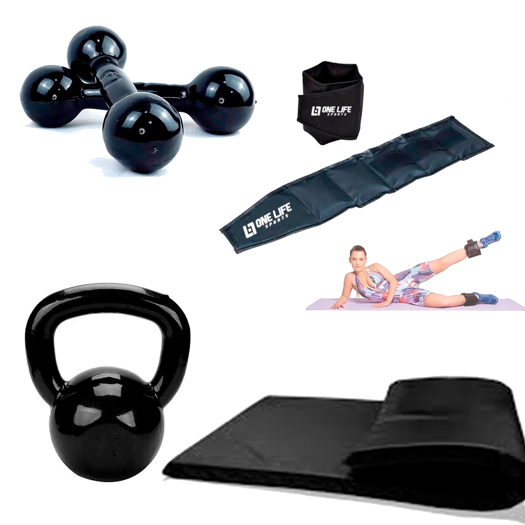 Kit Aeróbico Em Casa Caneleira 2 Kg + Colchonete + Halter 3 + Kettlebell emborrachado 4 kg em Oferta na Shopee