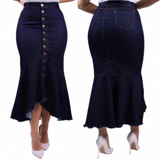 Saia Jeans Longa com Babado e Lycra | Lançamento Moda Evangélica 7PALLAS em Oferta na Shopee