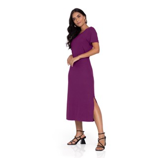 Vestido Midi Ribana Canelada Básico Rovitex Roxo