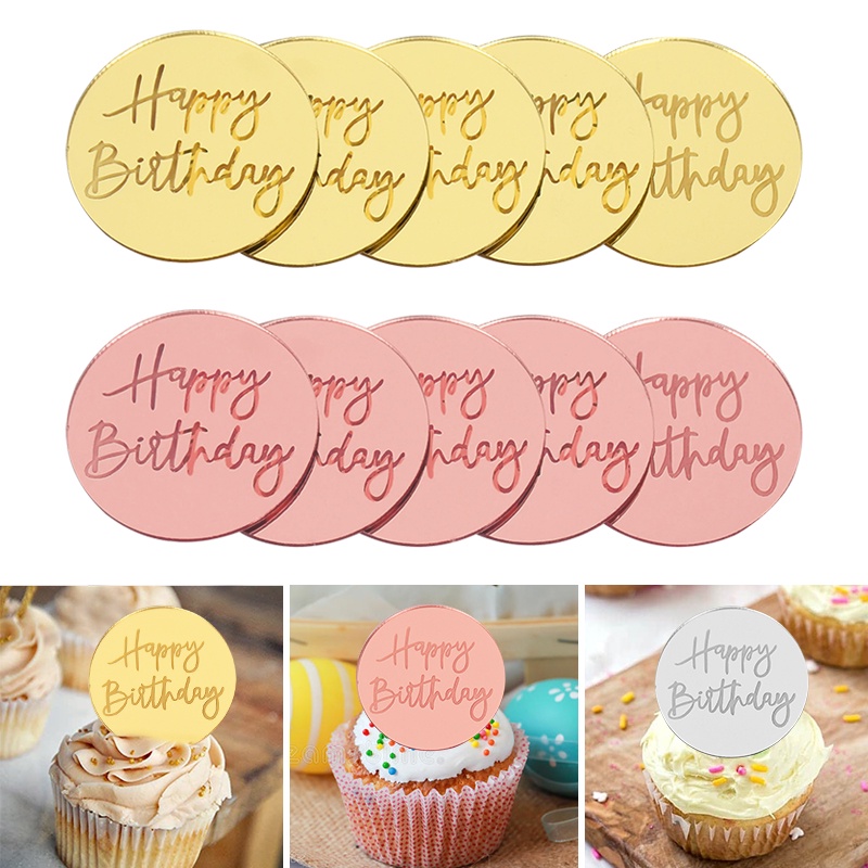 3Pcs Feliz Aniversário Cupcake Toppers De Bolo De Gold Acrílico Circle Dessert Cake Decorações Inserir Cartão em Oferta na Shopee
