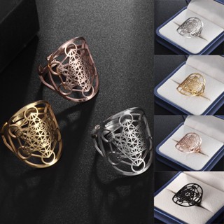 Anel Metatron De Aço Inoxidável De Tamanho Ajustável Arcanjo Signet Lotus Flower Ring Solomon Geometry Jóias Sobrenaturais Femininas