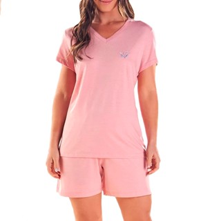 Pijama Meia Manga Com Shorts Malha Feminino Sensação Suave Pzama
