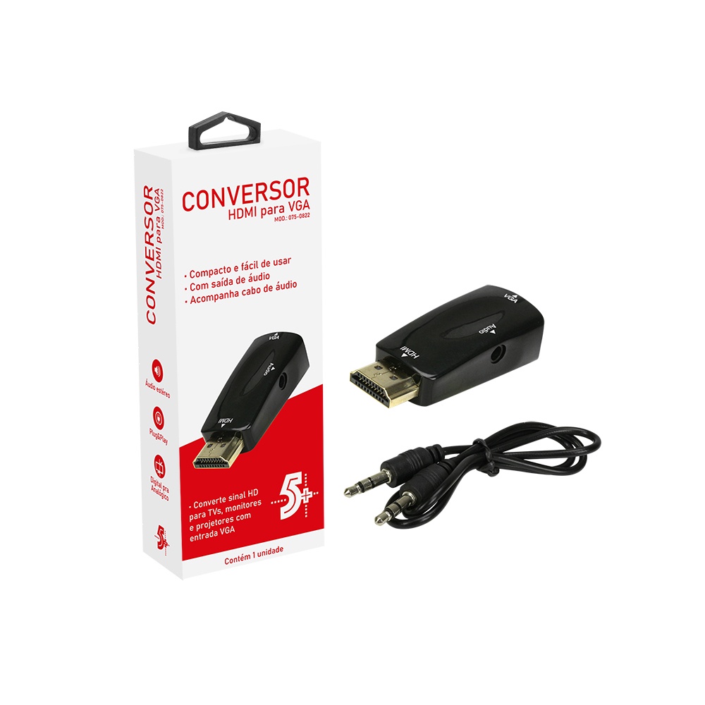 Adaptador Conversor Hdmi Para Vga Com Saída P2 De Áudio 5+