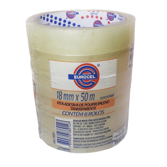 Fita Adesiva Transparente 18mm x 50m Eurocel Kit 6 Rolos 18x50