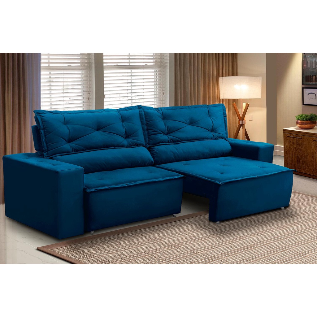 Sofá Retrátil e Reclinável 3 lugares com Molas 2,00m Livia Suede Azul Adonai Estofados - Home & Living