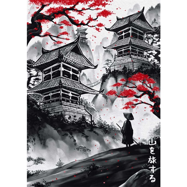 Quadro Decorativo Samurai Sakura Guerreiro, decoração casa samurai cachoeira 60x40